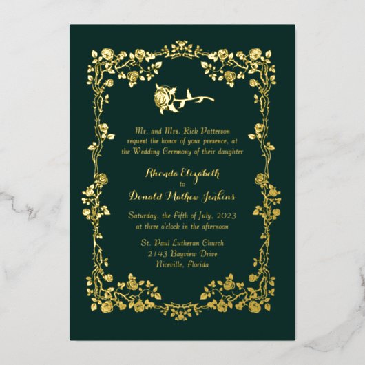 Kelly Green Verziert Rose Border Foil Einladung (Vorderseite)