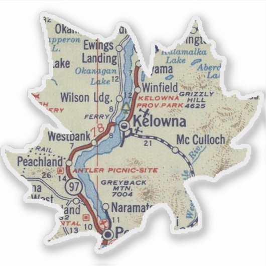 Kelowna Vintag Map Aufkleber (Vorderseite)