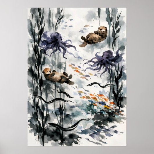 Kelp-Wald-Sumi-e-Wasserfarbenkunst Poster (Vorne)
