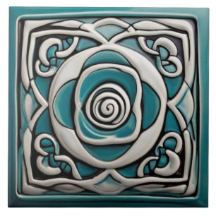 Keltisch inspirierte Türkis- und Weißrose-Blume Fliese
