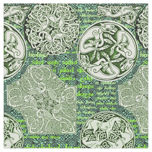 Keltische Hunde und Pferde im Grün Stoff (Nahaufnahme)