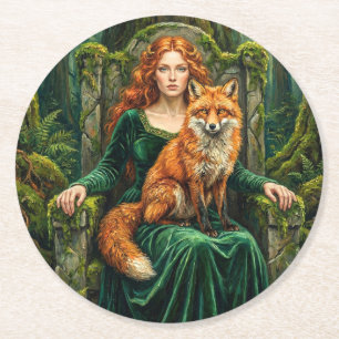 Keltische Waldkönigin Rotfuchs Hexe Fantasy-Kunst Runder Pappuntersetzer