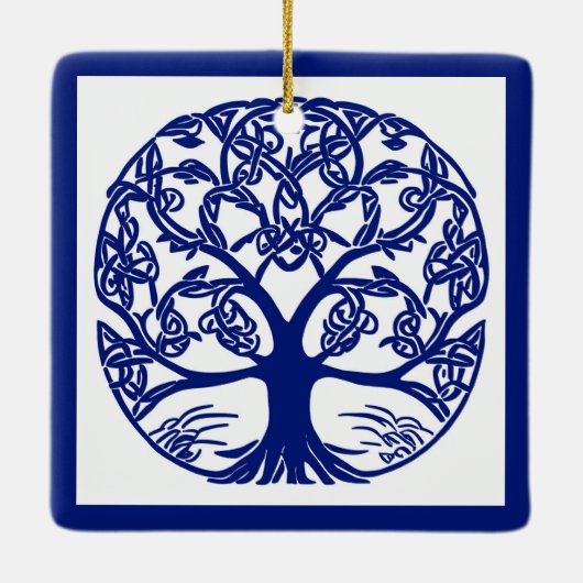 Keltischer Knotenbaum des Lebens Blau auf Weiß Keramikornament (Rückseite)