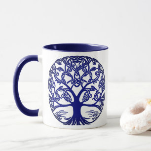 Keltischer Knotenbaum des Lebens Blau auf Weiß Tasse