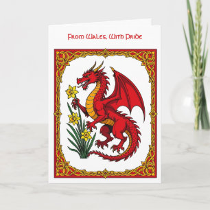 Keltischer Roter Drache hält eine Narzisse Karte