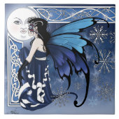 Keltischer Wintermond Fee Blaue Schneeflocken Fant Fliese (Vorderseite)