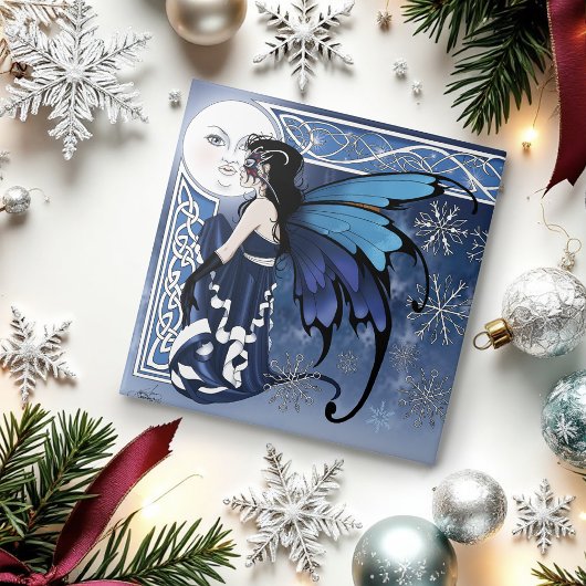 Keltischer Wintermond Fee Blaue Schneeflocken Fant Fliese