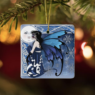 Keltischer Wintermond Fee Blaue Schneeflocken Fant Keramikornament