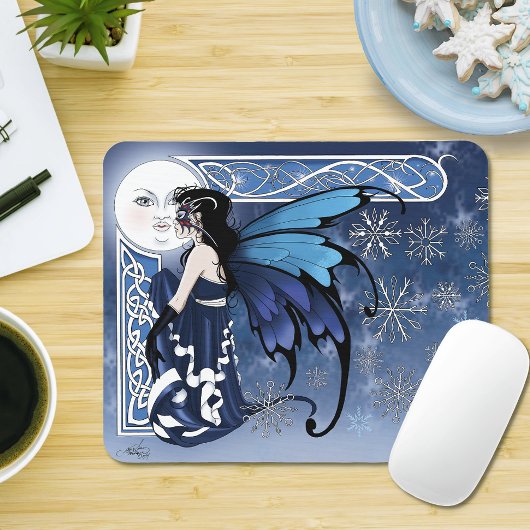 Keltischer Wintermond Feenblauer Schneeflocken Fan Mousepad