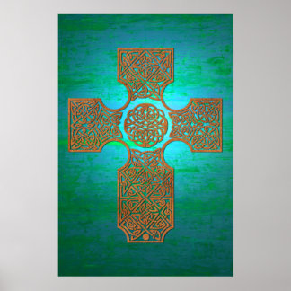 Keltisches Kreuz: Rost auf Aquamarin Poster