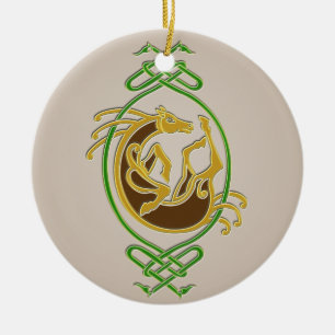 Keltisches Pferd-Knotenmuster - Grün und Gold Keramik Ornament