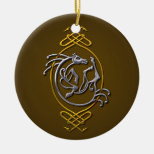 Keltisches Pferd mit Knotenmuster - Silber & Gold Keramik Ornament