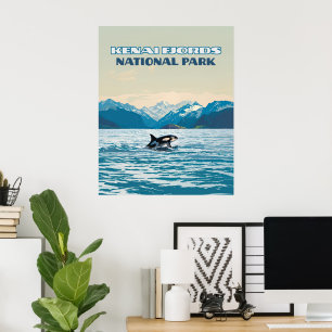 Kenai Fjords National Park Orca Alaska Retro  Poster