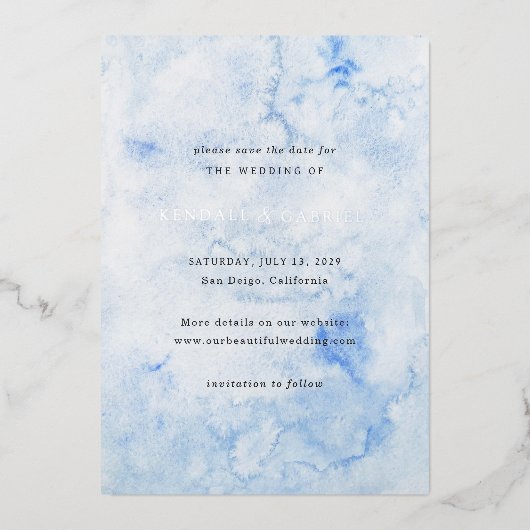 Kendall Blue Elegant Wedding Save the Date Folieneinladung (Vorderseite)