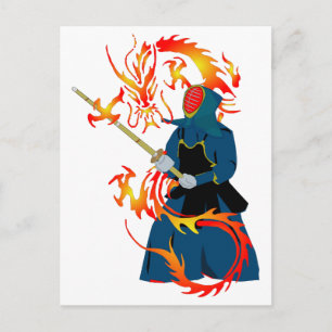 Kendo Swordsman und Feuerdrache Postkarte