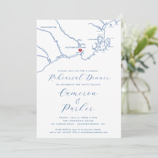 Kennebunkport ME Lässig Hochzeit Probe Dinner Einladung (Stehend Vorderseite)