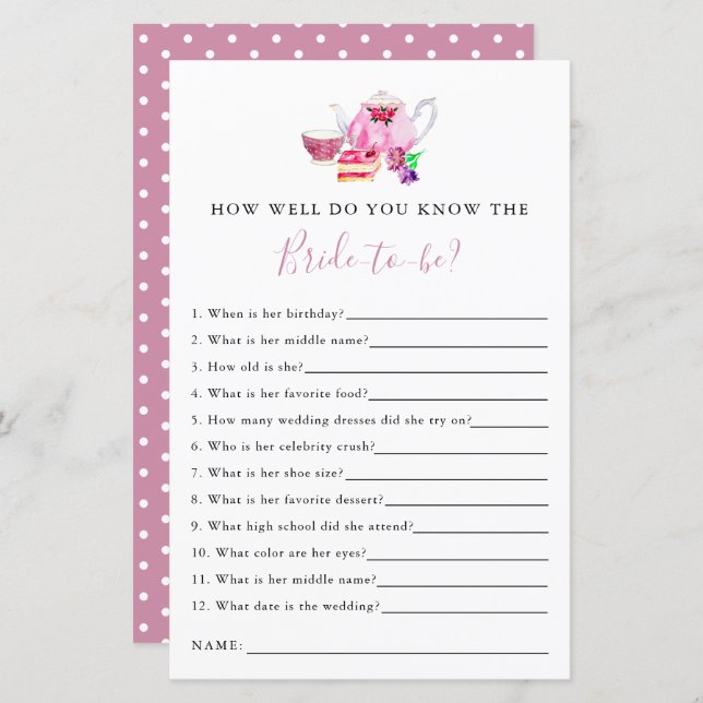 kennen das Brautparty Game Tea Party (Vorne/Hinten)