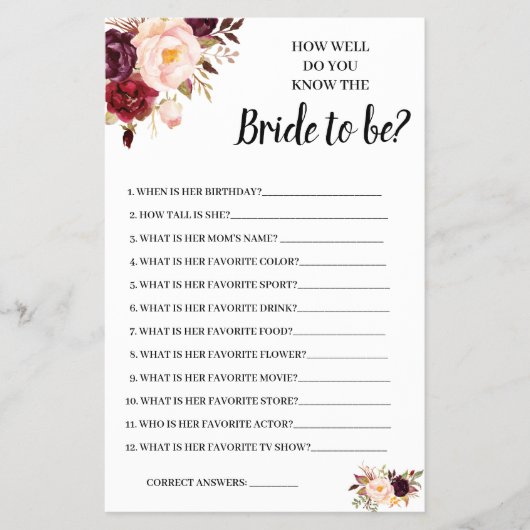 Kennst du die Bride Marsala Shower Game Card? Flyer (Vorne)