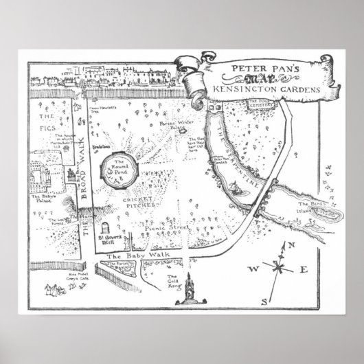 Kensington Gardens Peter Pan B & W Map Poster (Vorne)