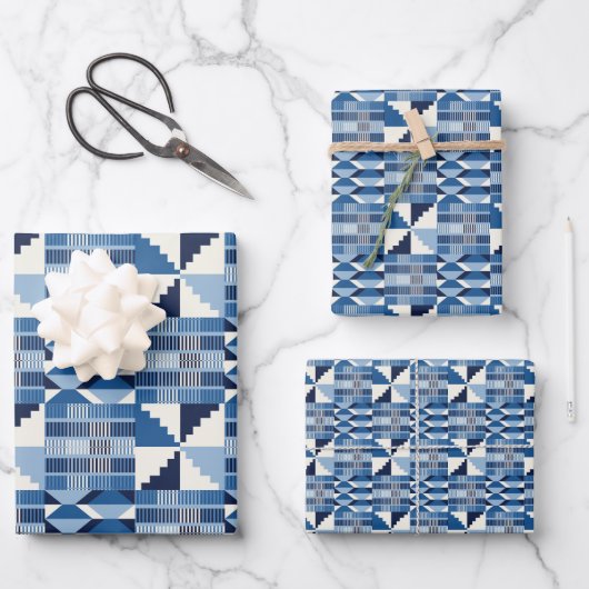Kente Block - Sanftes Indigo Geschenkpapier Set (Vorderseite)