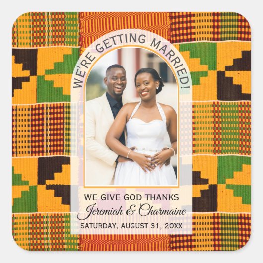 Kente Photo Custom Name WEDDING  Quadratischer Aufkleber (Vorderseite)