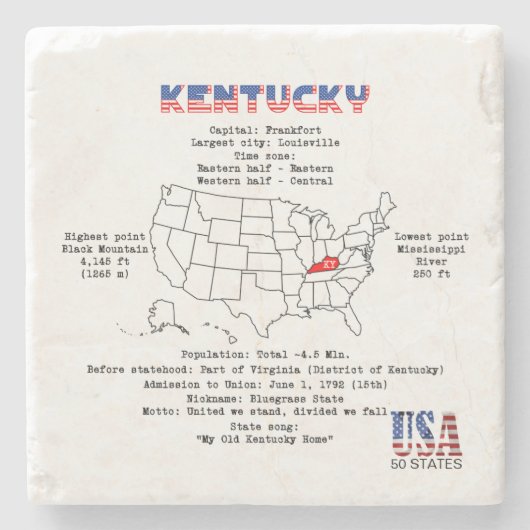 Kentucky American Staat auf einer Karte und nützli Steinuntersetzer (Vorderseite)
