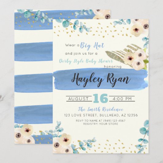 Kentucky Derby Big Hat Eucalyptus Boy Baby Shower Einladung (Vorne/Hinten)