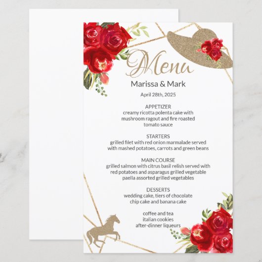 Kentucky Derby Rote Rosen Wedding Menu (Vorne/Hinten)