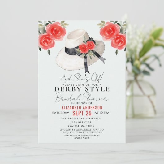 Kentucky Derby Style Big Hat Rose Brautparty Einladung (Stehend Vorderseite)