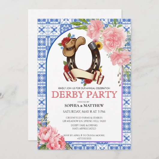 Kentucky Derby Wedding Invitation Floral Blue Einladung (Vorne/Hinten)