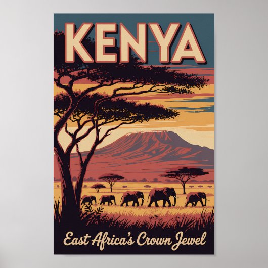 Kenya Elephants Illustration Travel Art Vintage Poster (Vorne)