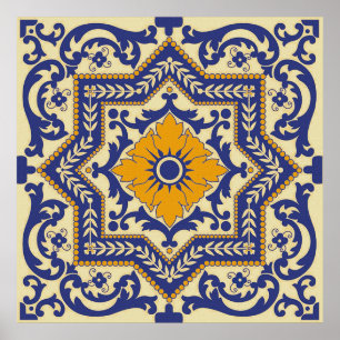 Keramik Azulejo Style Blue Orange Poster