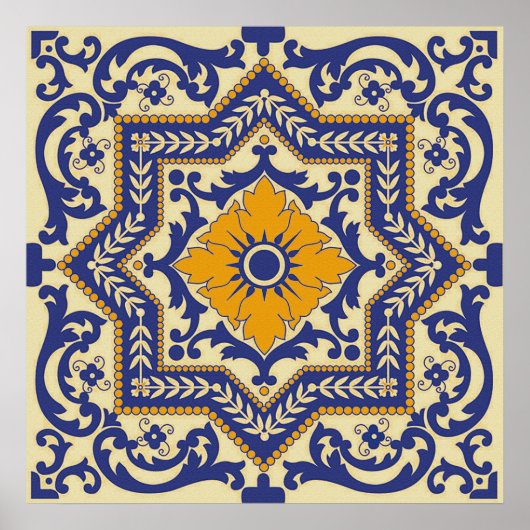 Keramik Azulejo Style Blue Orange Poster (Vorne)