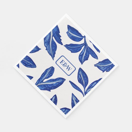 Keramik Blätter in Blau auf Weiß - Ihre Initialen Serviette (Ecke)