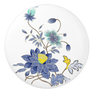 Keramik Blau und Gelb Blumen Keramikknauf