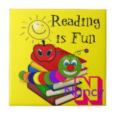 Keramik Buchwürmer, Bücher, Sonne, Gelb, Apfel Fliese (Vorderseite)