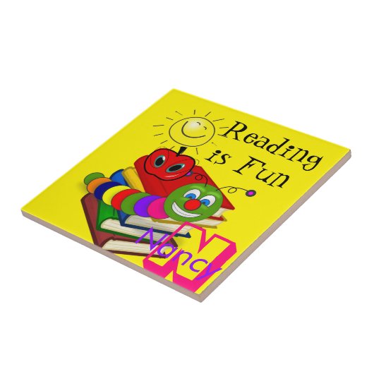 Keramik Buchwürmer, Bücher, Sonne, Gelb, Apfel Fliese (Seite)