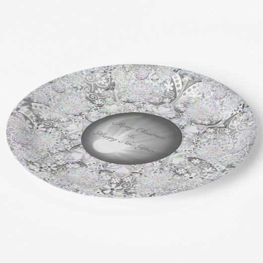 Keramik Grau & Schneeflocke Pappteller (Schrägansicht)