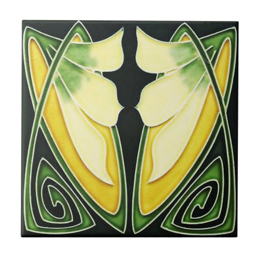 Keramik Jugendstil Grün und Gelb Fliese (Vorderseite)