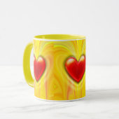 Keramik Kaffee Tasse gelb rotes Herzdesign. (Vorderseite Links)