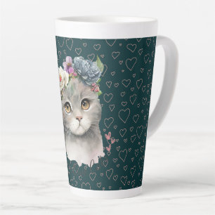Keramik Latte Tasse - Niedliche Katze und Wildblum