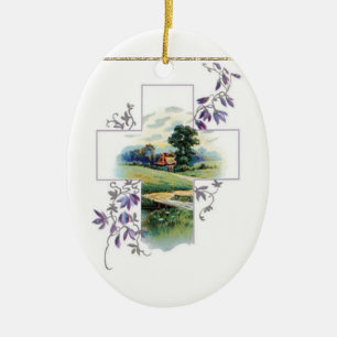 Keramik-Ornament Cottage mit Kreuz und Landhaus Keramik Ornament