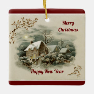 Keramik-Ornament mit vintage Dorfszene Keramikornament