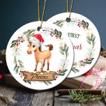 Keramik Ornament Reitpferd<br><div class="desc">Die erste Weihnachtsschmuck des Pferdes mit Aquarellkunst,  einem niedlichen Pferd in der Weihnachtsmannmütze und dem eigenen Text auf beiden Seiten.</div>