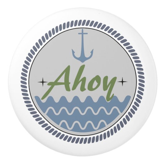 Keramik Pull, Design des Küstenlebens, blaues Ahoy Keramikknauf (Vorderseite)