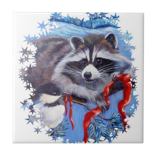 Keramik Raccoon und Chickadewinterplatte Fliese (Vorderseite)