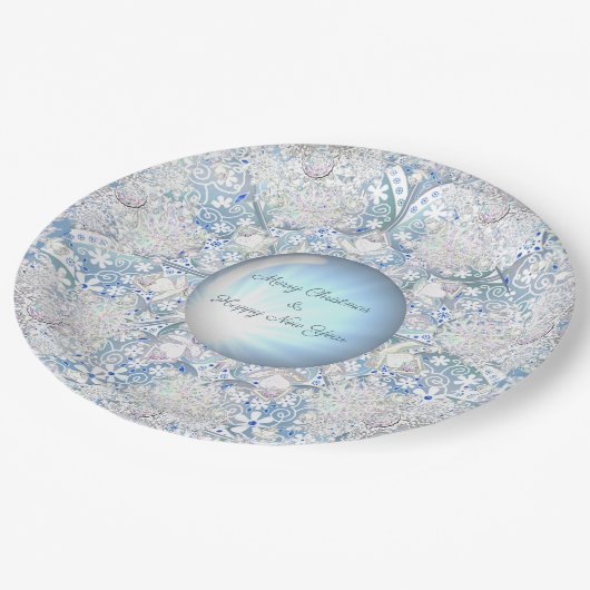 Keramik strahlend blau & schneeflocken pappteller (Schrägansicht)