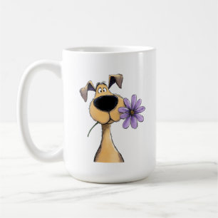 Keramik-Tasse mit Cartoon-Hund, der eine violette  Kaffeetasse