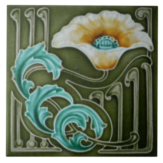 Keramik Tile - Antique Looking Poppy Art Nouveau Fliese (Vorderseite)