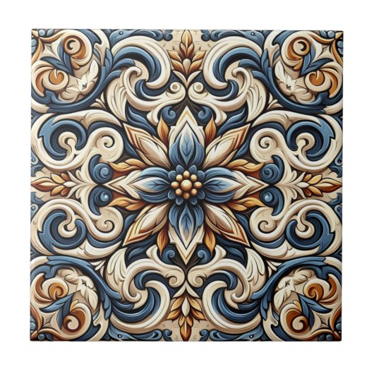 Keramik Tile - Blau, Gold und Weiß Fliese (Vorderseite)